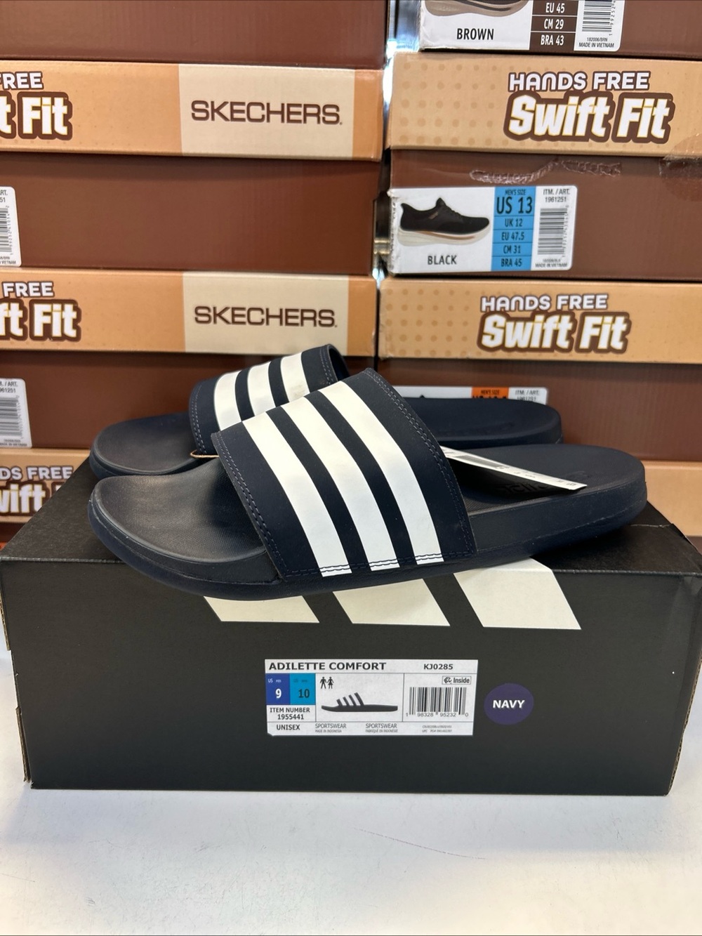 adidas Navy Slide Sandals with White Stripes